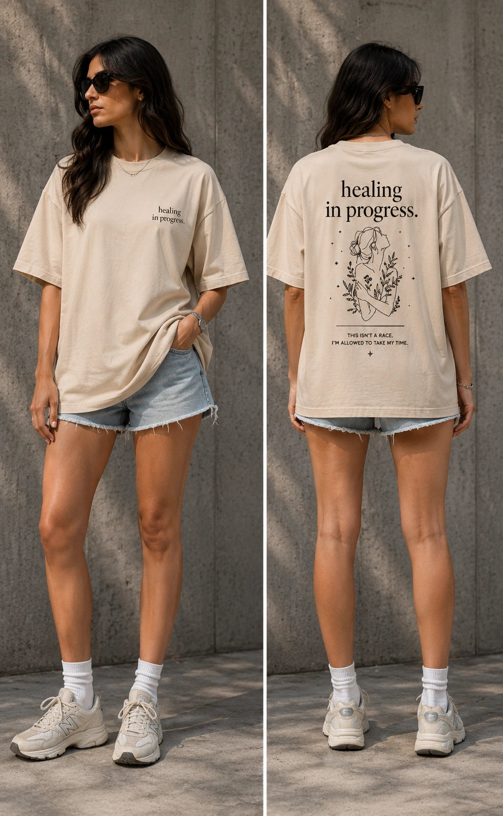 A woman modeling an oversized cream-colored graphic t-shirt, shown from both the front and back views against a textured concrete wall. The front features a small black graphic on the left chest, and the back features a large graphic with the text 'healing in progress.