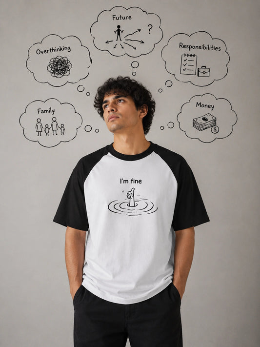 A man wearing a white and black raglan t-shirt with a graphic of a diving pin in a pool and the text 'I'm fine' underneath, standing against a gray wall with hand-drawn thought bubbles above his head.