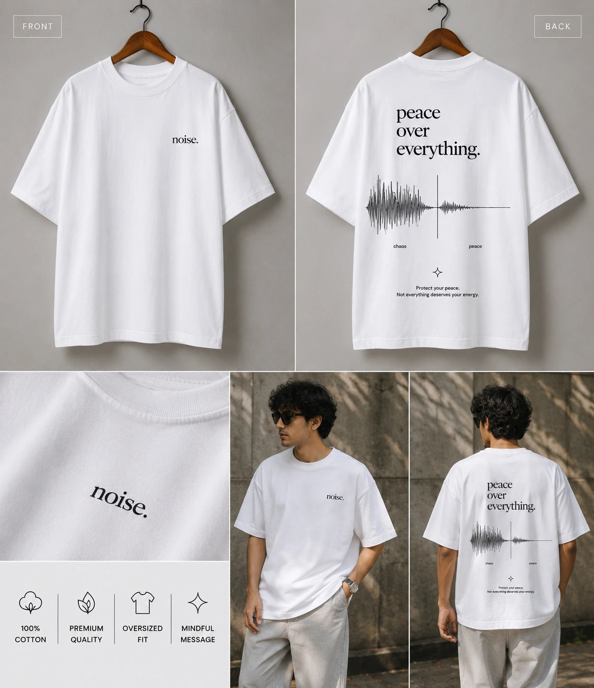 White oversized short-sleeve T-shirt shown from the front and back, hanging on wooden hangers against a light gray wall. The front has a small black 'noise.