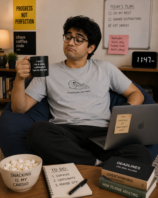 A man wearing a gray t-shirt with a fish graphic and the text 'Productivity cum meme' sits in a blue beanbag chair, holding up a black mug with a white text graphic. The room has motivational posters, a whiteboard, a laptop, and snacks on a table in the foreground.