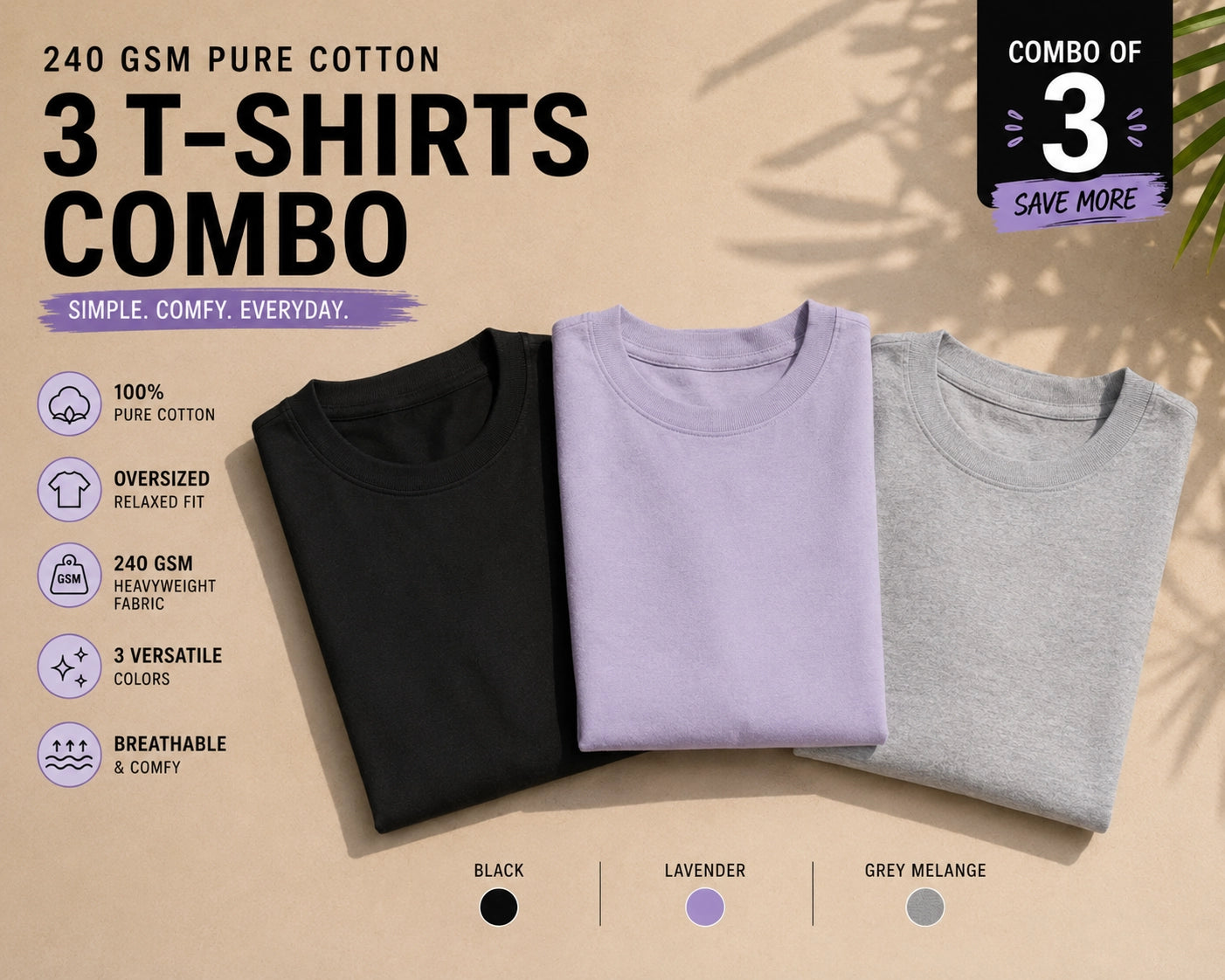 Three plain unisex oversized T-shirts from The Unserious Studio, in neutral colors, made from 240 GSM fabric.