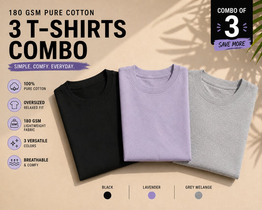 Unisex oversized plain T-shirts from The Unserious Studio, pack of 3, 180 GSM, featuring simple, comfortable casual tees.