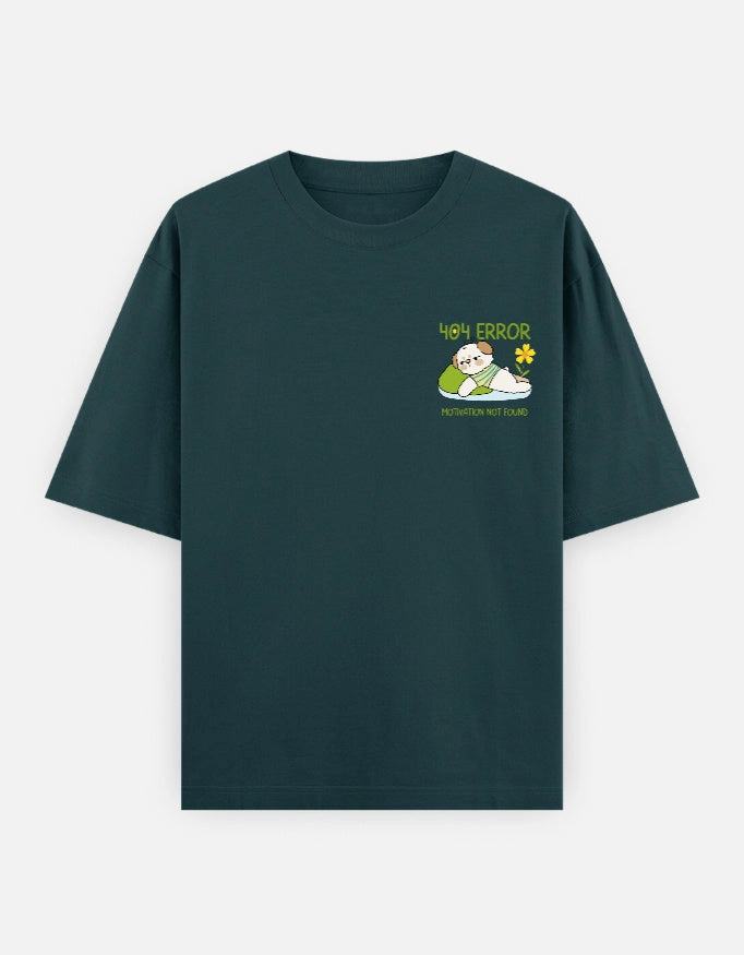 Unisex oversized T-shirt from The Unserious Studio with "404 Motivation Not Found" slogan, front view, casual streetwear style.