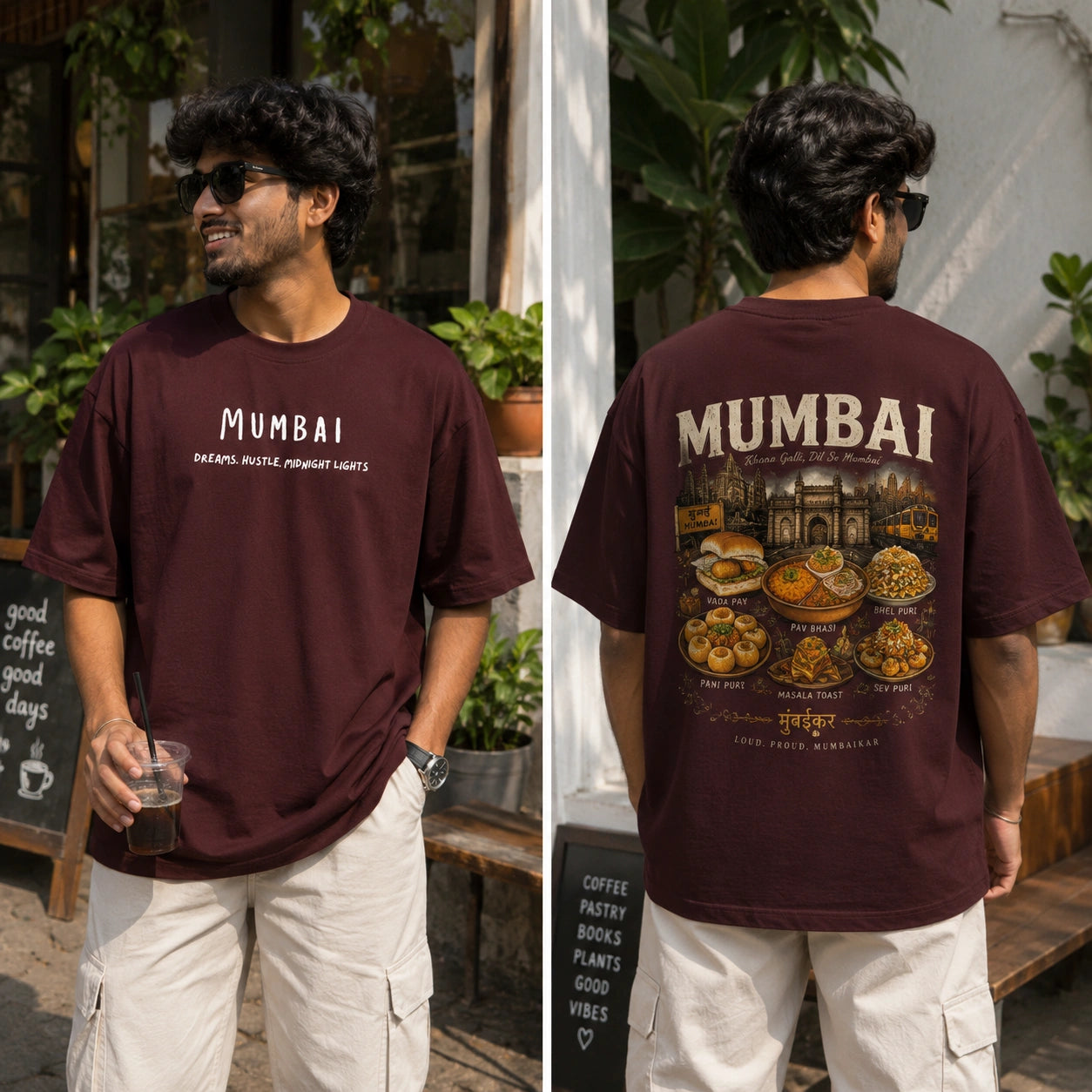A man modeling a maroon short-sleeve graphic T-shirt in front of and behind him, showing both the front and back designs. The front features the word 'MUMBAI' in white, while the back displays a large graphic of Indian food dishes and a temple with the text 'MUMBAI' and 'FOOD FROM INDIA'.