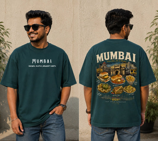 Man wearing a green t-shirt with 'Mumbai' text and food illustrations on the front and back.
