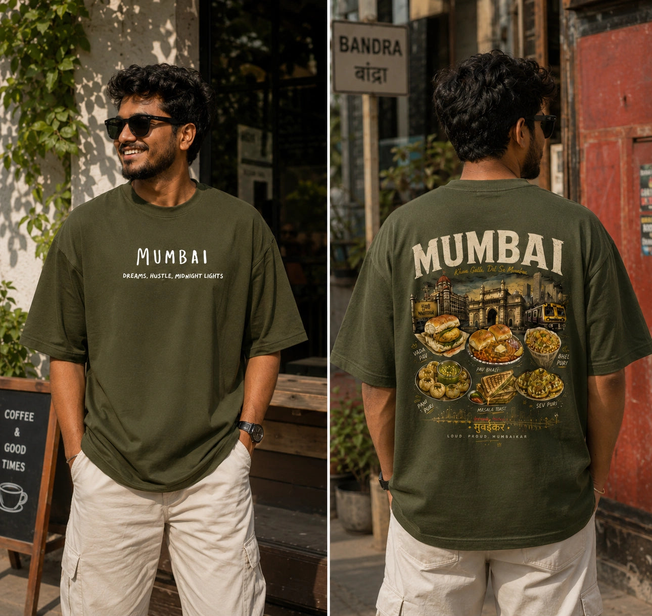 An olive green short-sleeve t-shirt shown on a man from both the front and back. The front features the word 'MUMBAI' in white text, while the back displays a large graphic print of Mumbai landmarks and food items with the word 'MUMBAI' at the top.