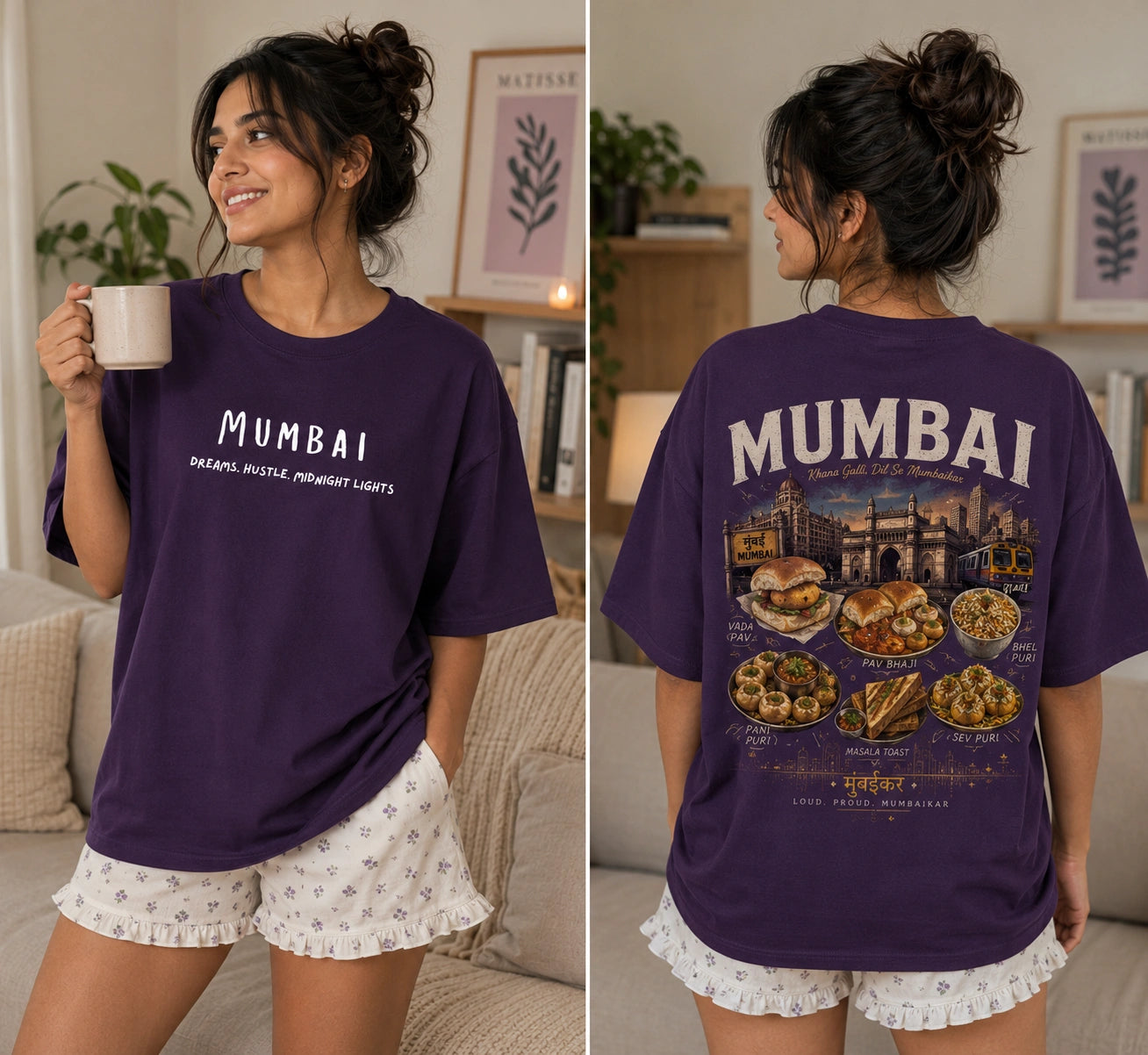 A woman modeling a purple short-sleeve T-shirt in a split front-and-back view. The front has white text reading 'MUMBAI' and smaller text below, while the back has a large multicolor cityscape and food graphic with 'MUMBAI' across the top.