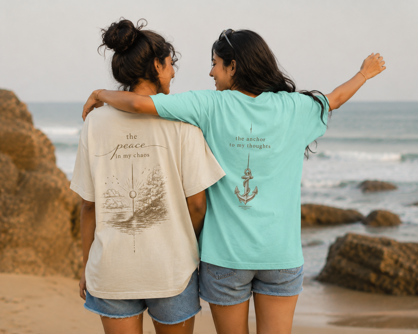TUS Oversized Unisex Couple/BFF Tee - Peace over chaos | Anchor to my Thoughts (2 Tees)