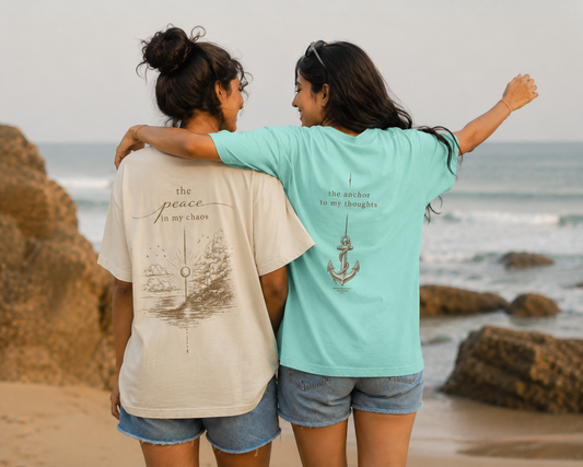 TUS Oversized Unisex Couple/BFF Tee - Peace over chaos | Anchor to my Thoughts (2 Tees)