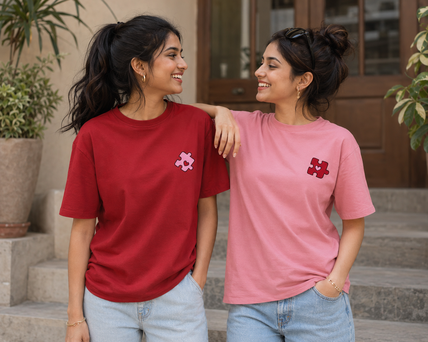 TUS Unisex Puzzle Piece BFF Embroidered Regular Tee Set (2 Tees)