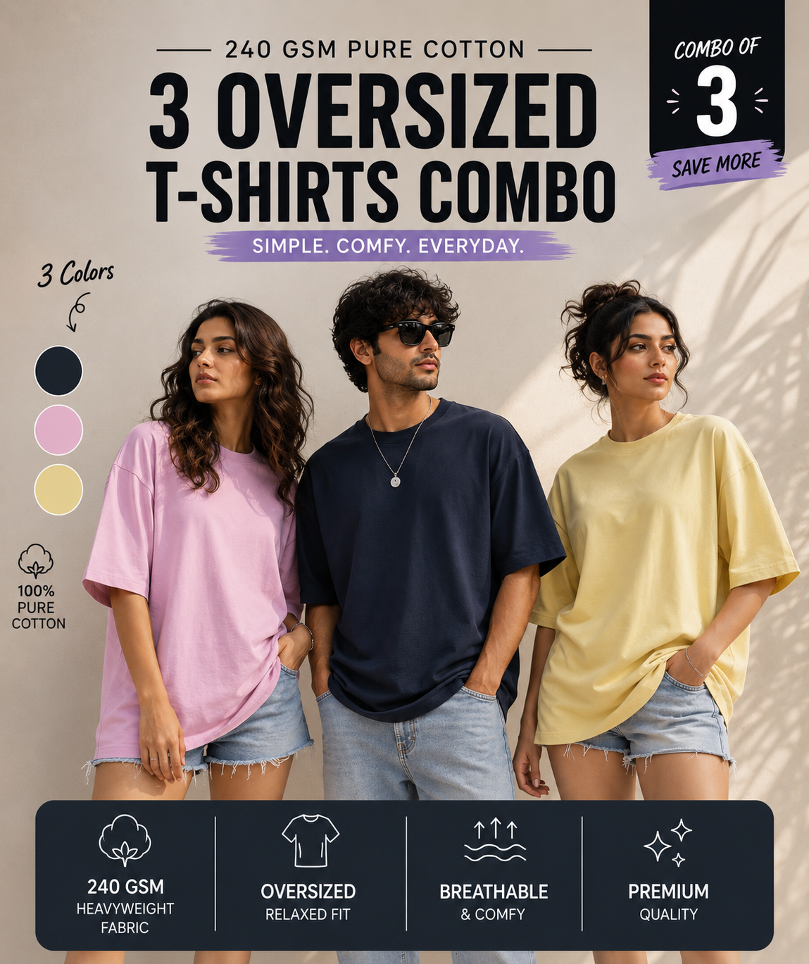 The Unserious Unisex Oversized Plain Tees (Pack of 3) - 240 GSM