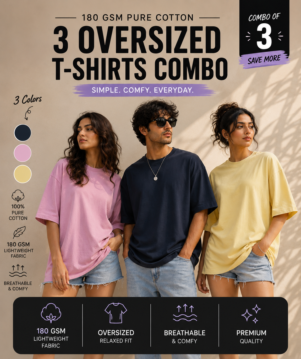 The Unserious Unisex Oversized Plain Tees (Pack of 3) - 180 GSM