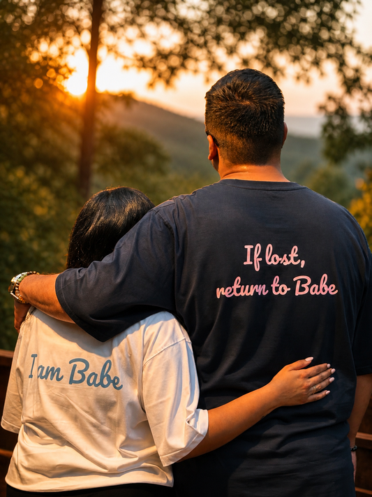 The Unserious Oversized Unisex Couple Tees- If Lost return To Babe | I am Babe