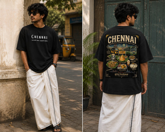 Person wearing a black t-shirt with 'Chennai' printed on it, standing in an urban setting.
