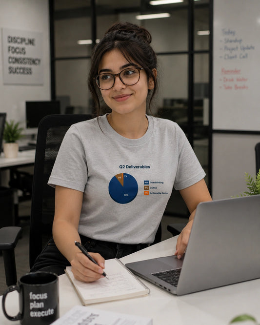 A woman wearing a light gray graphic t-shirt sits at her office desk, writing in a notebook and using a laptop. The t-shirt features a blue and orange pie chart graphic with the text 'Q2 Deliverables'.