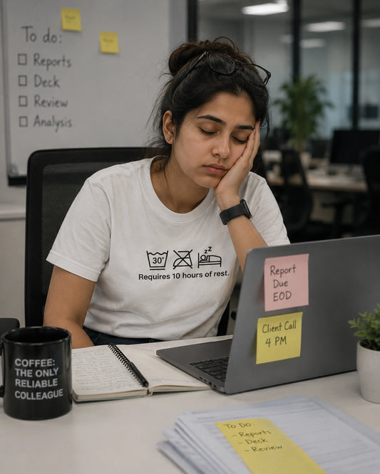 A woman sits at her office desk, looking tired with her head resting on her hand. She is wearing a white graphic t-shirt that reads 'Requires 10 hours of rest.