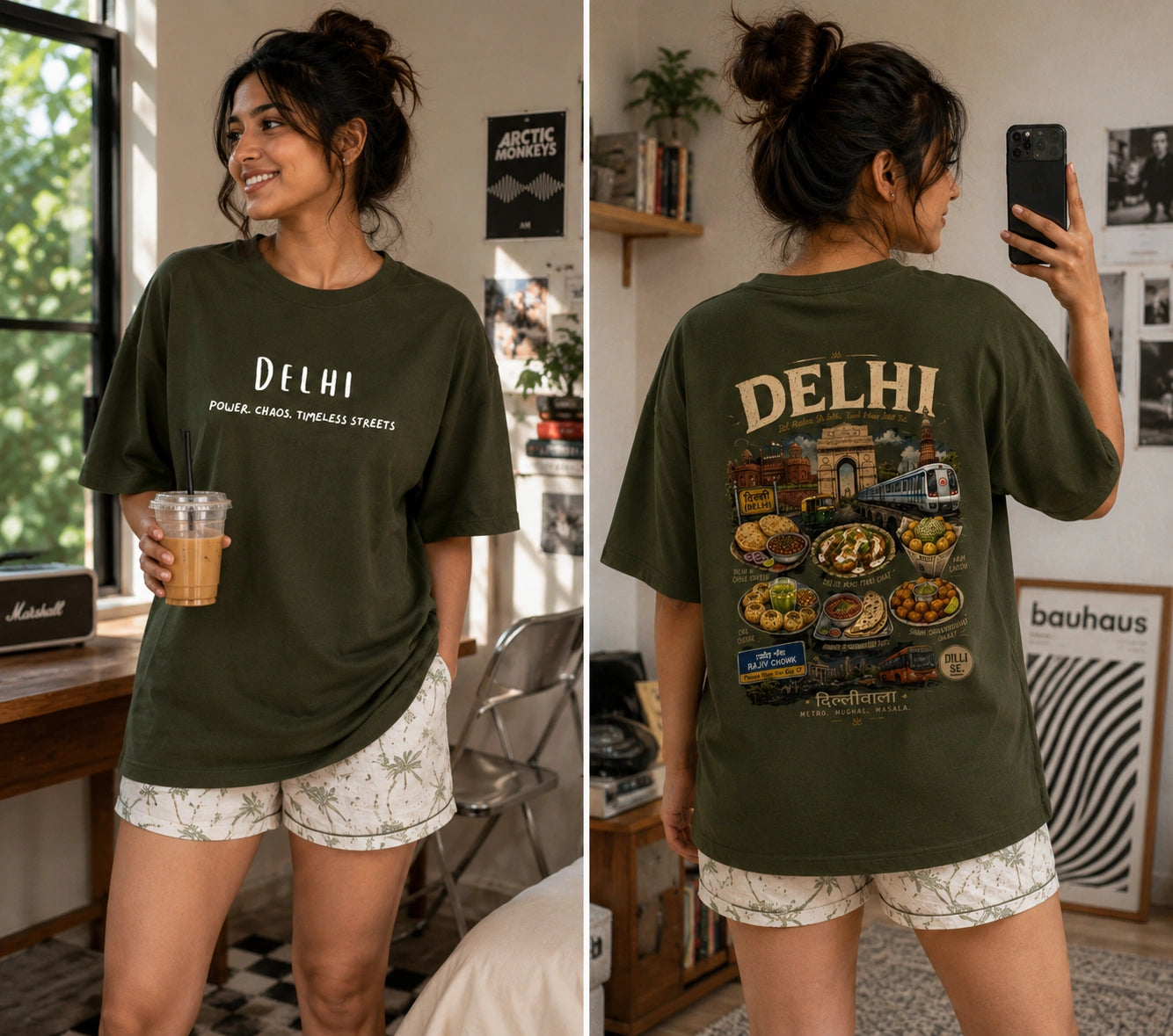 A woman modeling an oversized olive green t-shirt with 'DELHI' printed on the front and a colorful graphic on the back, paired with patterned shorts in a cozy indoor setting.