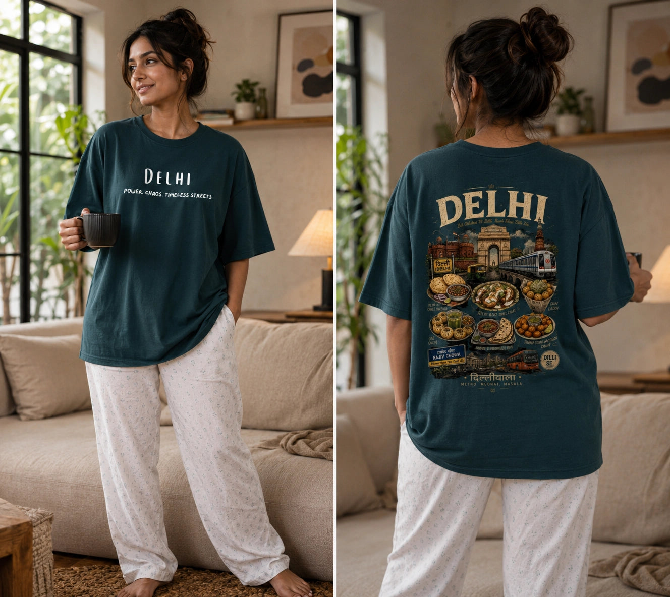 A woman modeling a dark teal graphic T-shirt in a living room, shown from both the front and back. The front has white text reading 'DELHI' and smaller text below, while the back features a large multicolor travel-style graphic with the word 'DELHI' at the top and illustrations of food and landmarks.