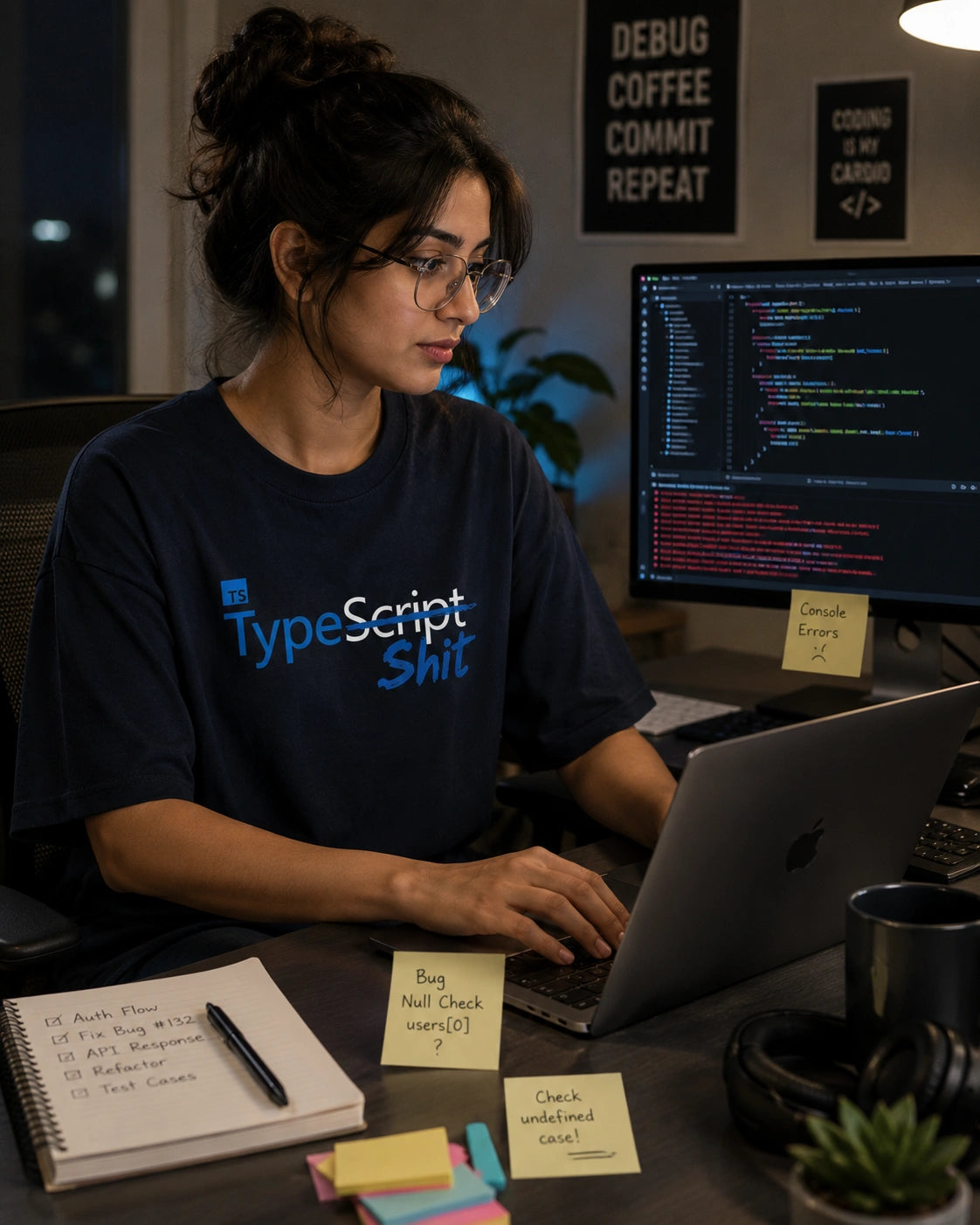 A woman wearing glasses and a navy blue t-shirt with a 'TypeScript Shit' graphic sits at her desk working on a laptop in a dimly lit office environment.
