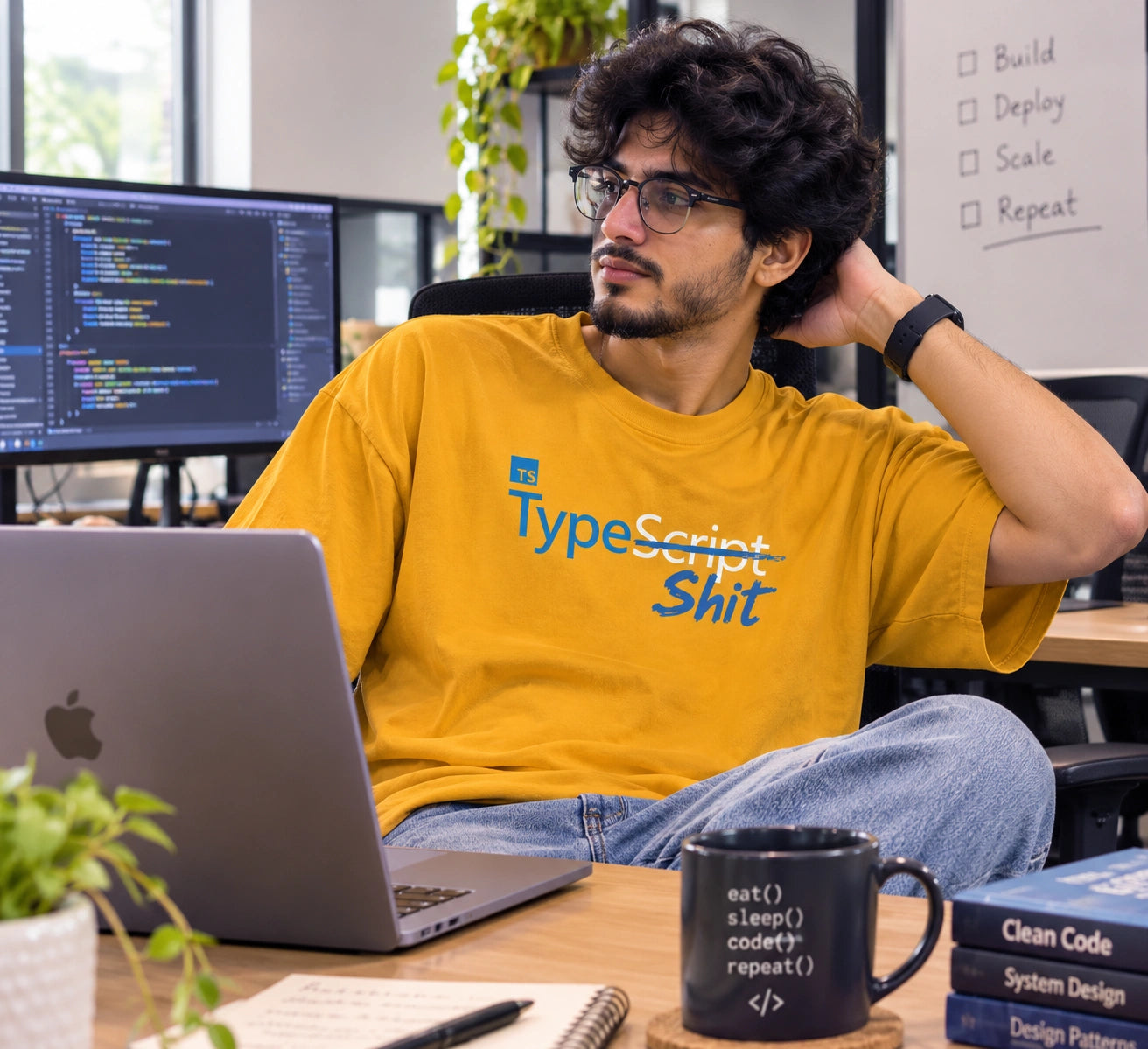 A man wearing a yellow t-shirt with the text 'TypeScript Shit' in blue and white sits in an office environment with a laptop, code screens, and a mug.