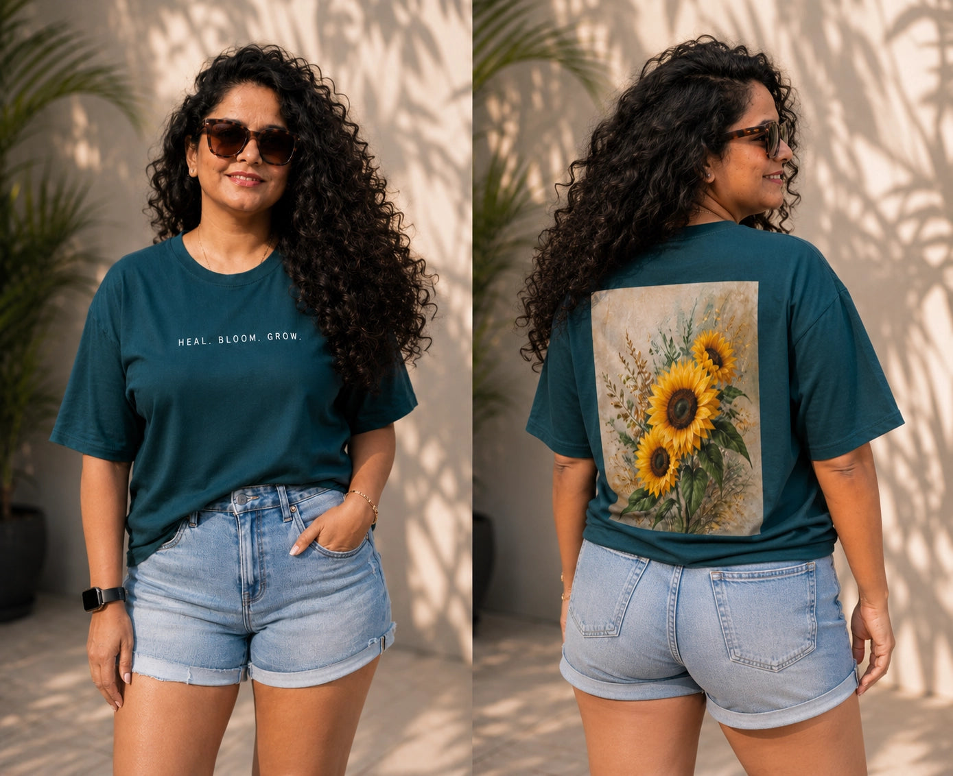 Woman wearing a teal t-shirt with text on the front and sunflower design on the back, standing outdoors.