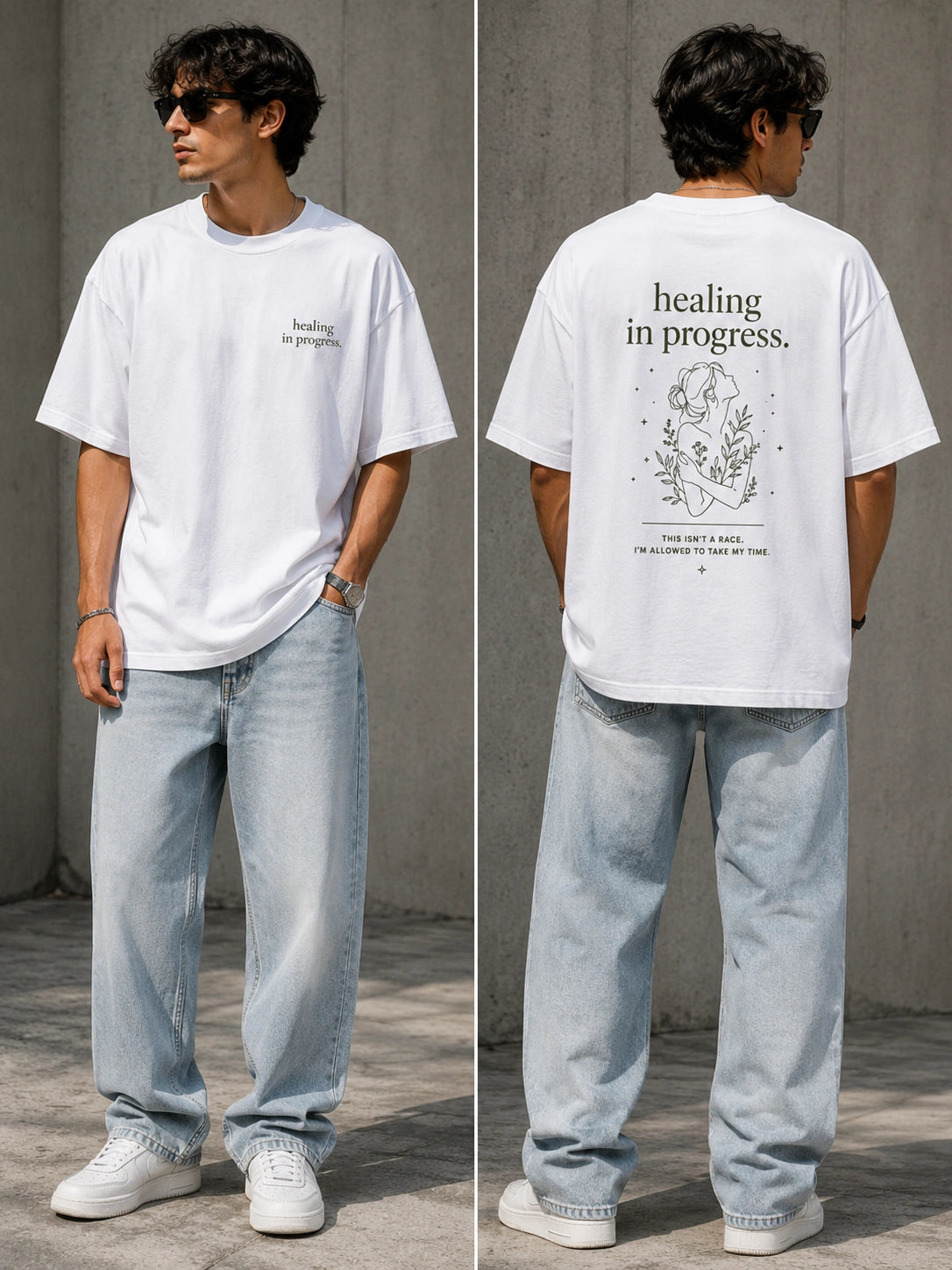A man modeling a white graphic t-shirt in a split front and back view. The front has a small black text graphic on the left chest, and the back features a larger black line art graphic with the text 'healing in progress.