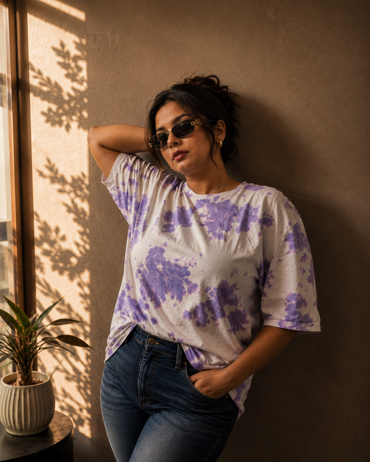 Unisex oversized Midnight Storm tie-dye T-shirt by The Unserious Studio, showcasing a vibrant, swirling pattern and relaxed fit.