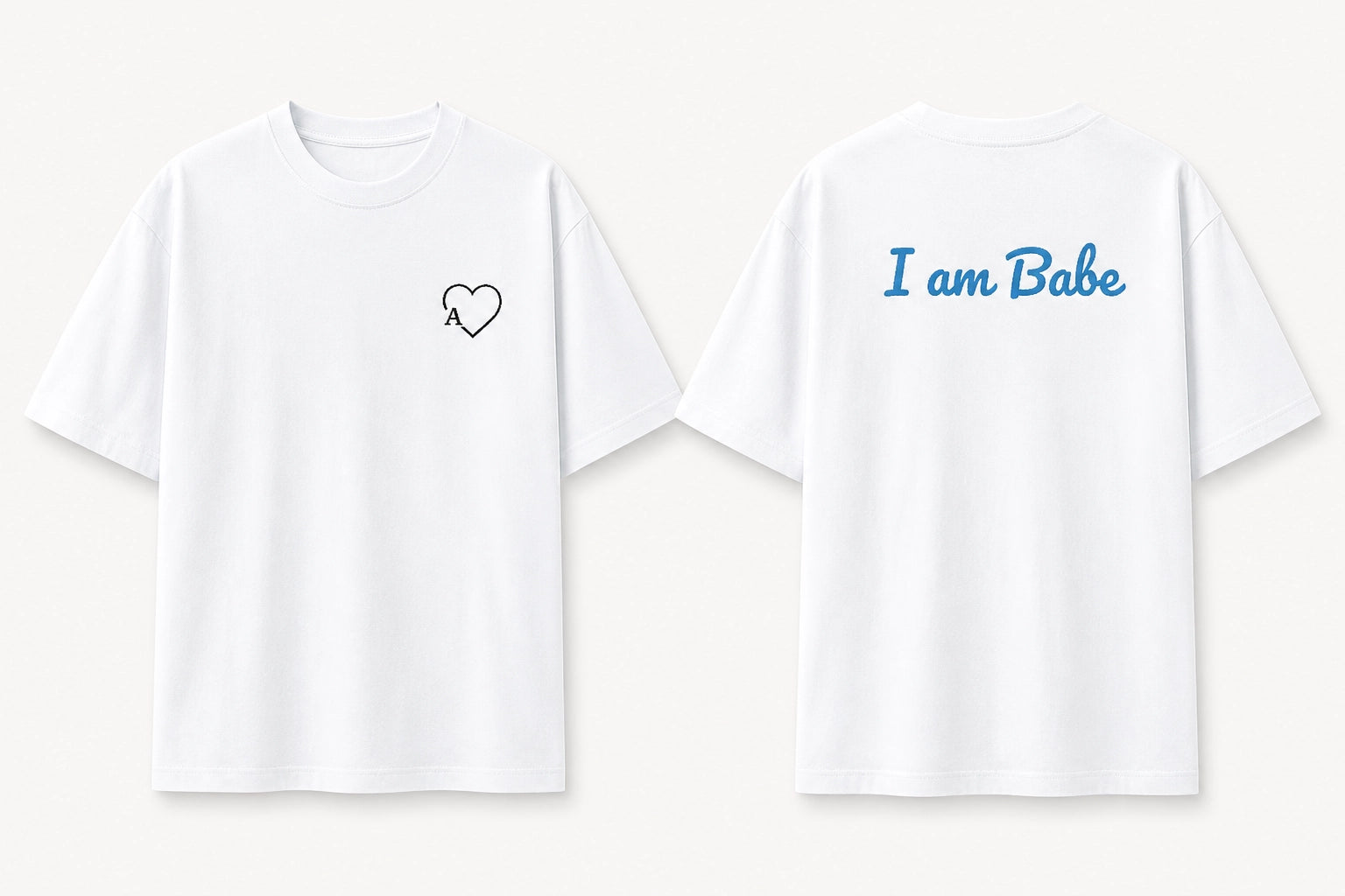 Two oversized unisex couple T-shirts from The Unserious Studio with "If Lost return to Babe" and "I am Babe" designs, front view.