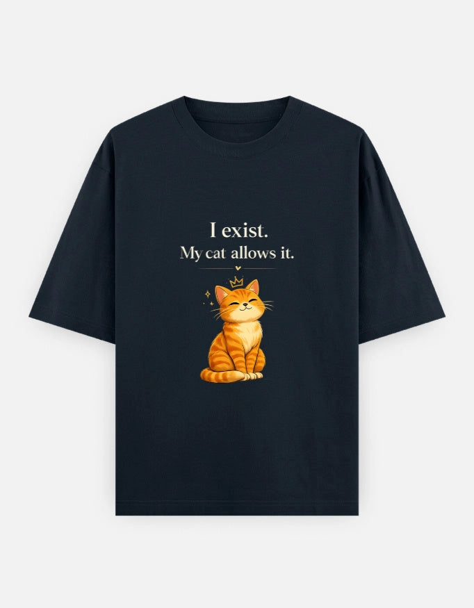 Unisex graphic T-shirt by The Unserious Studio featuring the text "I Exist. My Cat Allows It" on a front view.