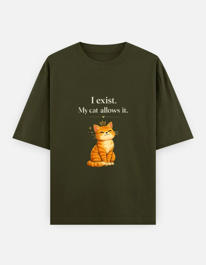 Unisex T-shirt from The Unserious Studio featuring the text "I Exist. My Cat Allows It" on the front in bold black lettering.
