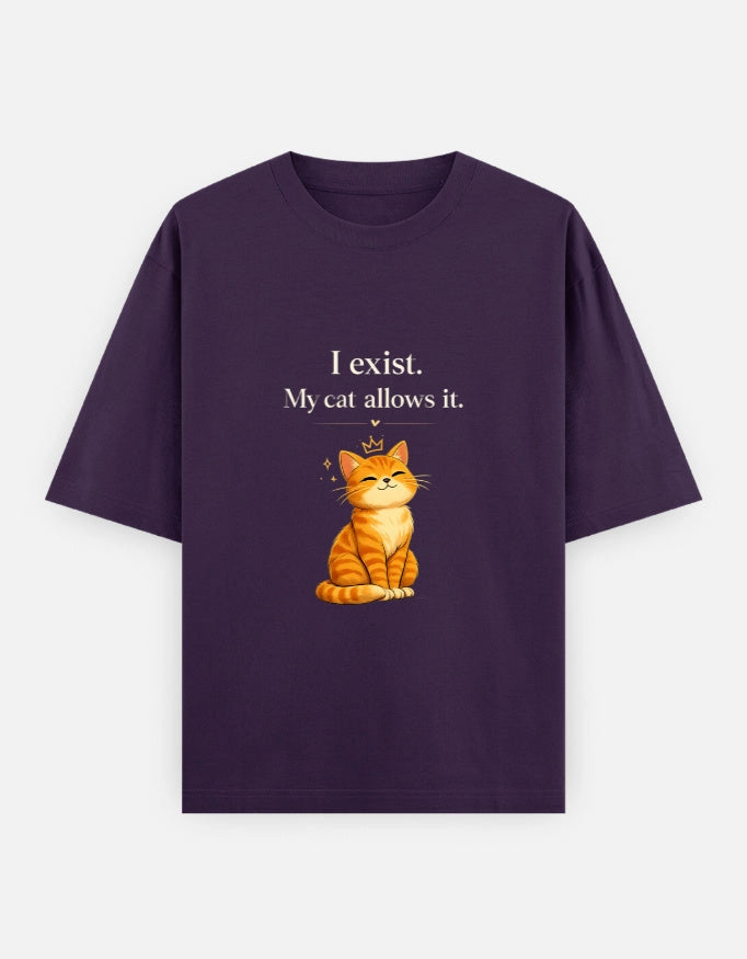 Unisex T-shirt from The Unserious Studio featuring a front design with the text "I Exist. My Cat Allows It."