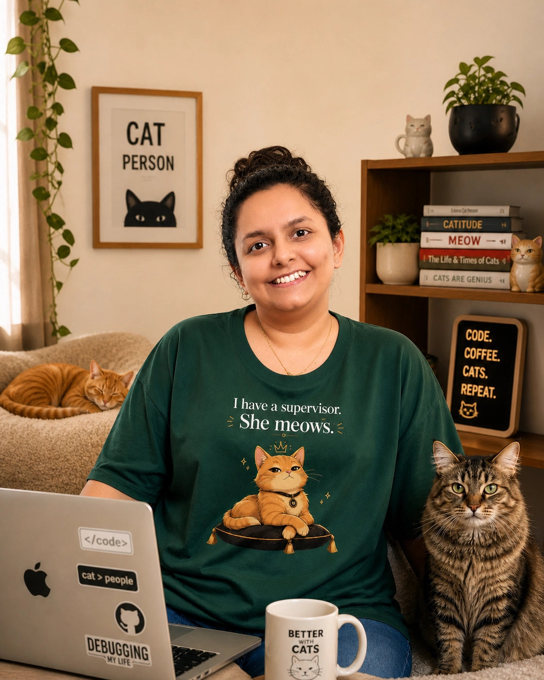 Person wearing a green t-shirt with a cat graphic and text, sitting in a room with a cat and a laptop.