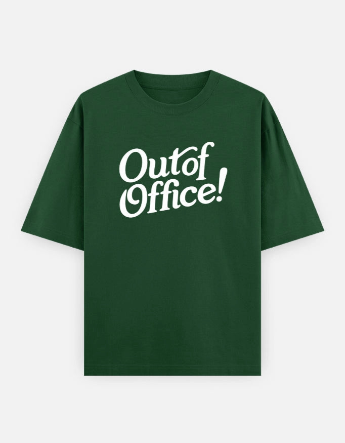 Front view of The Unserious Studio oversized unisex "Out Of Office" T-shirt, showcasing its relaxed fit and casual design.