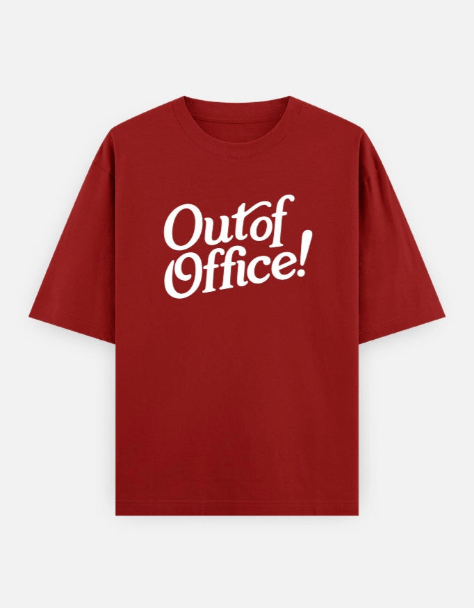 Front view of The Unserious Studio oversized unisex Out Of Office T-shirt with bold printed text in black on white cotton fabric.
