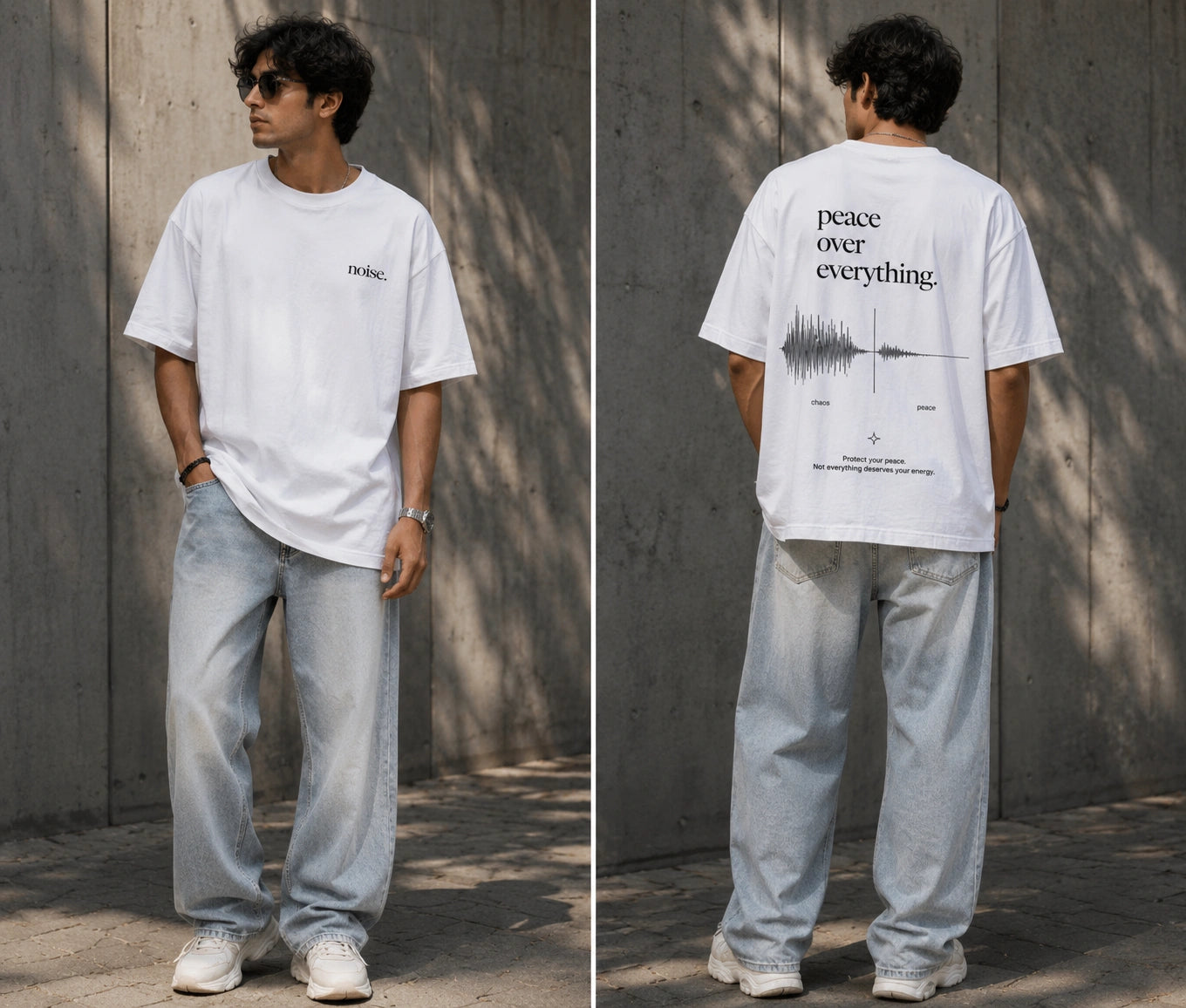 A man modeling a white oversized T-shirt in a split front and back view, paired with light gray baggy jeans and white sneakers, standing against a textured gray concrete wall.