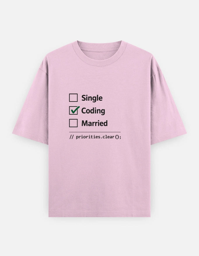 Front view of The Unserious Studio unisex oversized coding-themed T-shirt with bold "Coding > Everything" text.