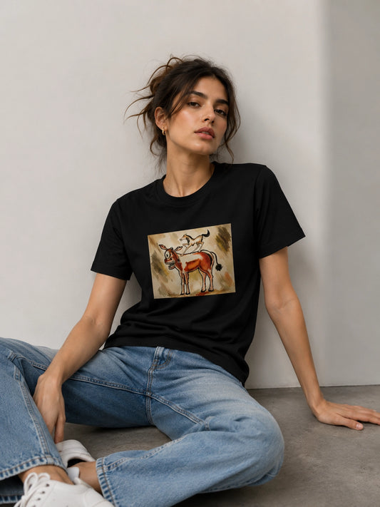 A woman sitting on a concrete floor against a light gray wall, wearing a black crewneck t-shirt with a square graphic print of a donkey and a woman on a camel, paired with blue jeans and white sneakers.