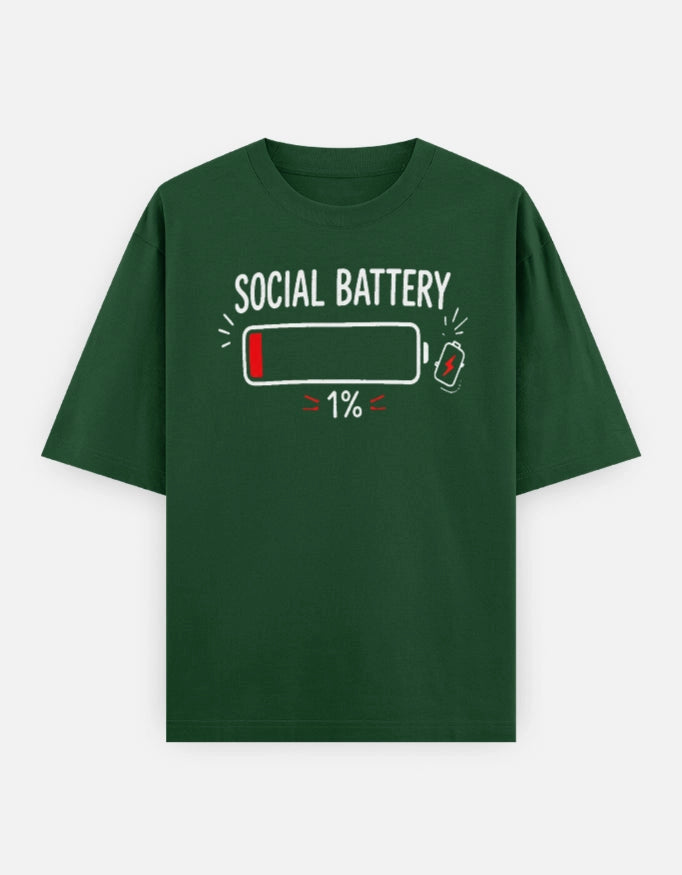 Front view of The Unserious Studio Oversized Unisex Tee with "Social Battery 1%" graphic in black on a white t-shirt.