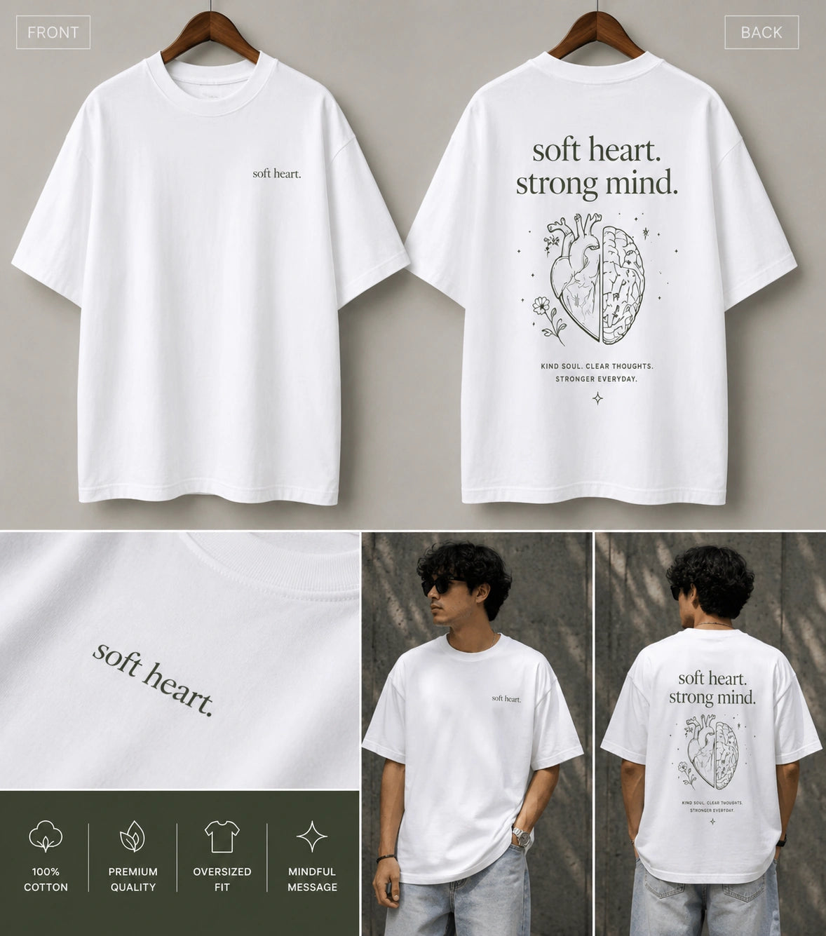 White short-sleeve T-shirt shown from the front and back, with a small 'soft heart.' text on the front chest and a larger black anatomical heart graphic with 'soft heart.