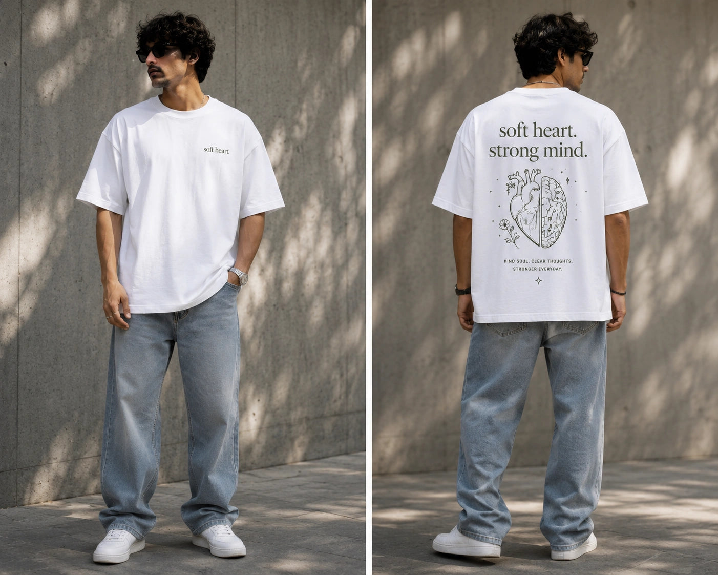 A man modeling a white oversized T-shirt in a split view, showing both the front and back. The front has a small black text logo on the left chest, and the back features a large black graphic of an anatomical heart with the words 'soft heart.