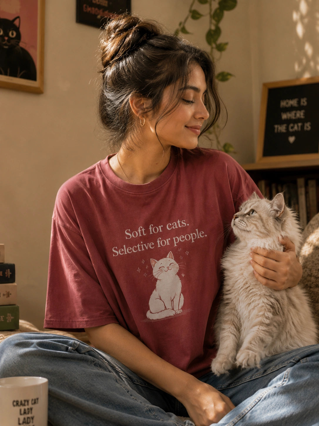 A woman sitting indoors wearing a muted rose-brown graphic T-shirt with a white cat illustration and the text 'Soft for cats. Selective for people.